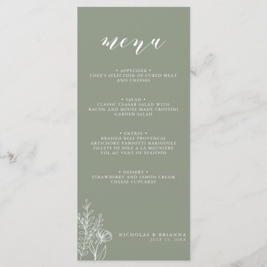 Modern Sage Green Minimalist Boho Wedding Monogram Menu (Voorkant)