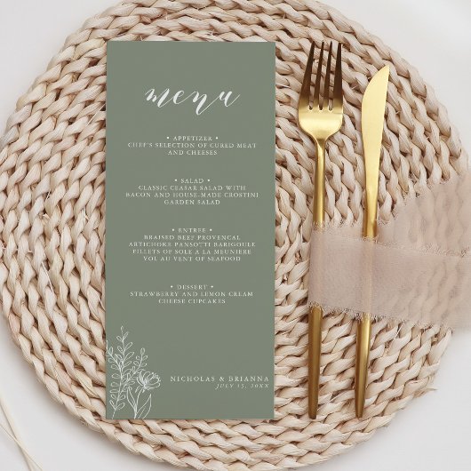 Modern Sage Green Minimalist Boho Wedding Monogram Menu