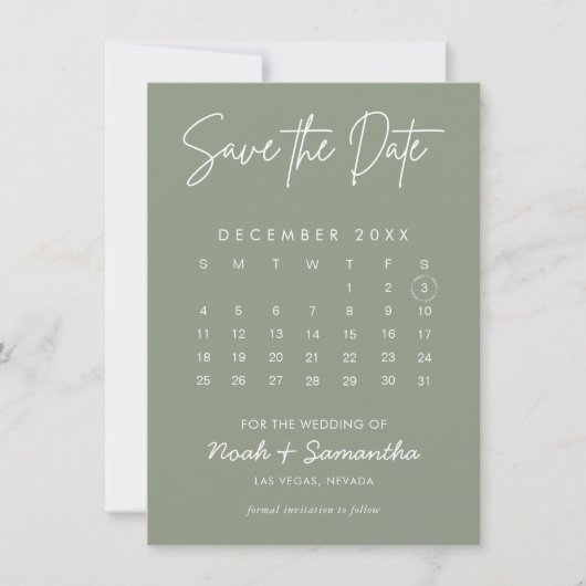 Modern Sage Green Minimalist Photo Calendar Boho Save The Date (Voorkant)