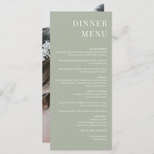 Modern Sage Green Minimalist Photo Dinner Menu (Voorkant / Achterkant)