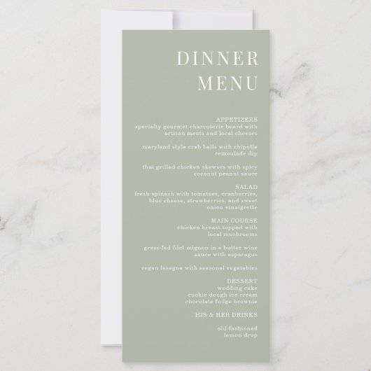Modern Sage Green Minimalist Photo Dinner Menu (Voorkant)