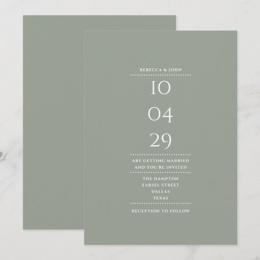 Modern Sage Green Minimalist Wedding Date Kaart (Voorkant / Achterkant)