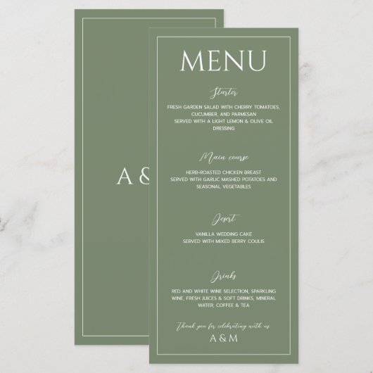 Modern sage green minimalist wedding menu (Voorkant / Achterkant)