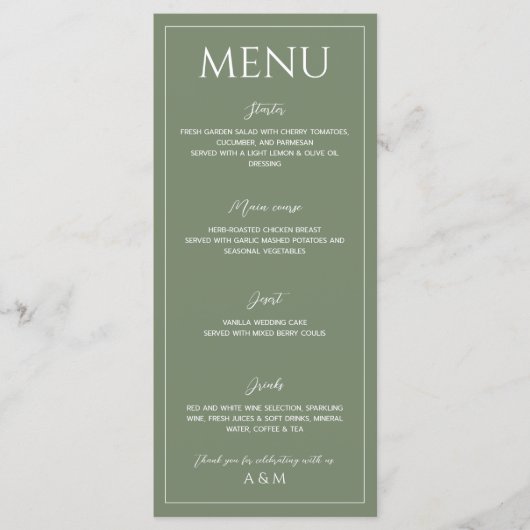 Modern sage green minimalist wedding menu (Voorkant)