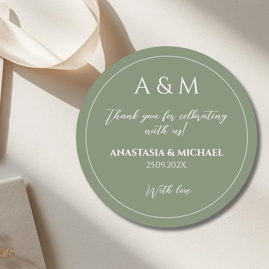 Modern sage green minimalist wedding ronde sticker