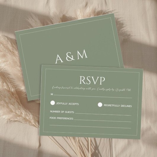 Modern sage green minimalist wedding RSVP kaartje