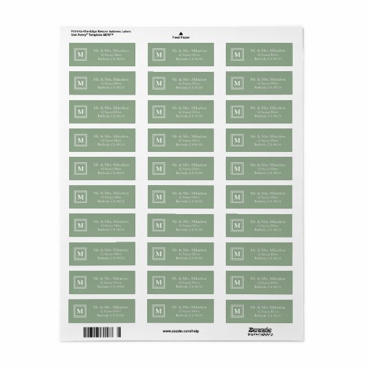 Modern Sage Green Monogram Etiket (Full Sheet)