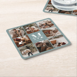 Modern Sage Green Monogram Familienaam & Foto Kartonnen Onderzetters