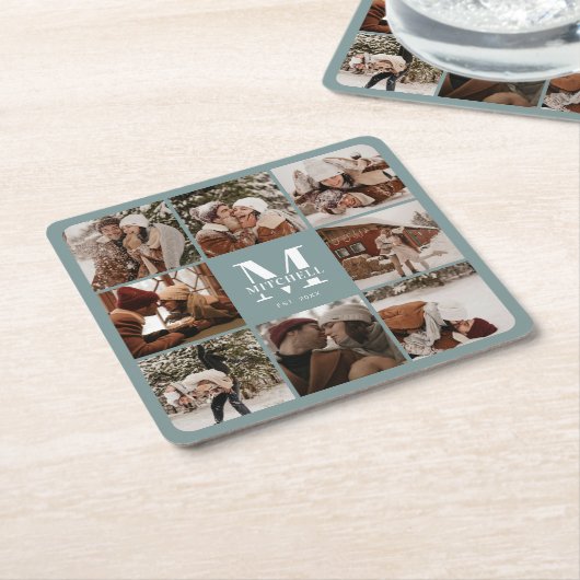 Modern Sage Green Monogram Familienaam & Foto Kartonnen Onderzetters (Schuin)
