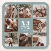 Modern Sage Green Monogram Familienaam & Foto Kartonnen Onderzetters (Voorkant)