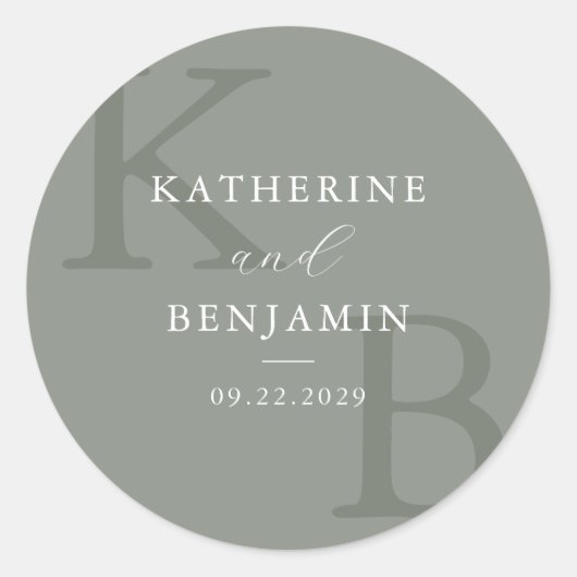 Modern Sage Green Monogram Minimalist Wedding Ronde Sticker (Voorkant)