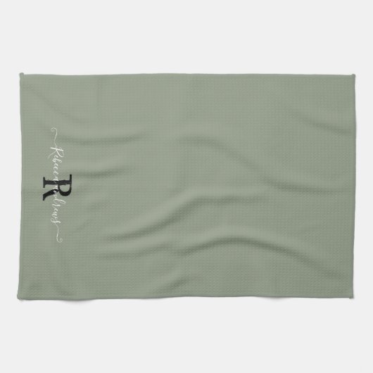 Modern Sage Green Monogram Script Initiaal Naam Theedoek (Horizontaal)