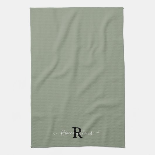 Modern Sage Green Monogram Script Initiaal Naam Theedoek (Verticaal)
