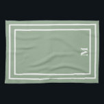 Modern Sage Green Monogram Theedoek<br><div class="desc">Dit stijlvolle moderne ontwerp kenmerkt een dubbel wit lijnvierkant lijst op een  sage groene achtergrond en een monogram in een elegant blokdoopvont. Verander het initiaal in uw eigen. U kunt dit ontwerp meer aanpassen door de doopvont te veranderen,  het wit transparant te maken en een verschillende kleur te kiezen.</div>