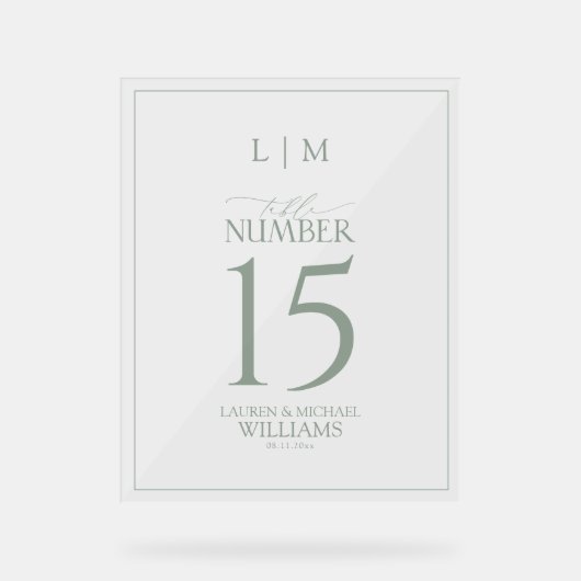 Modern Sage Green Monogram Trouwtafel Nummer Acryl Bord (Voorkant)