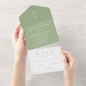 Modern Sage Green Monogram Wedding RSVP All In One Uitnodiging (Afscheurbaar)