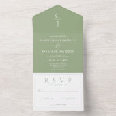 Modern Sage Green Monogram Wedding RSVP All In One Uitnodiging (Binnen)