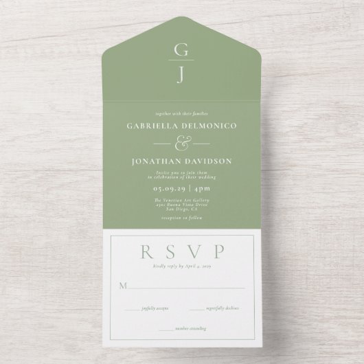 Modern Sage Green Monogram Wedding RSVP All In One Uitnodiging (Binnen)