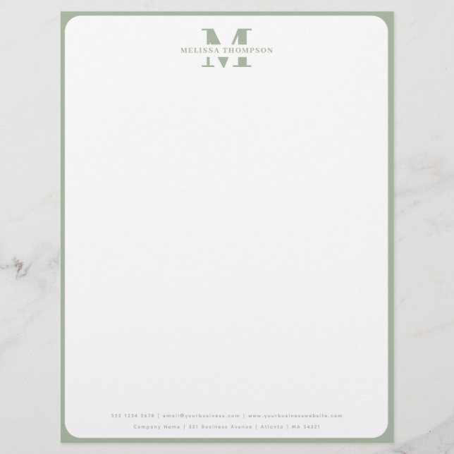 Modern Sage Green Monogrammed Briefhoofd (Voorkant)