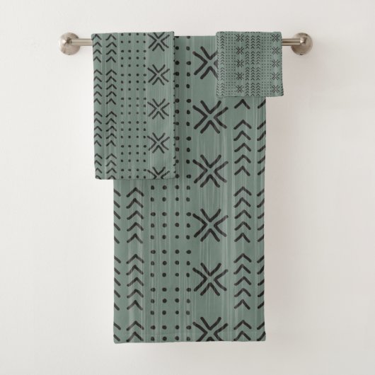 Modern Sage Green Mudcloth African Pattern Bad Handdoek (Insitu)
