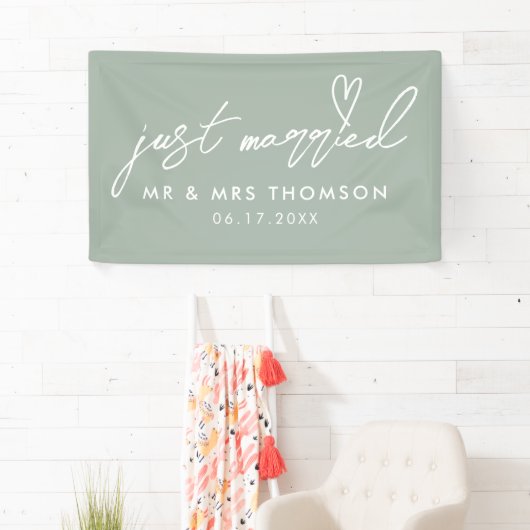 Modern Sage Green net getrouwd met legant bruiloft Spandoek (Insitu)