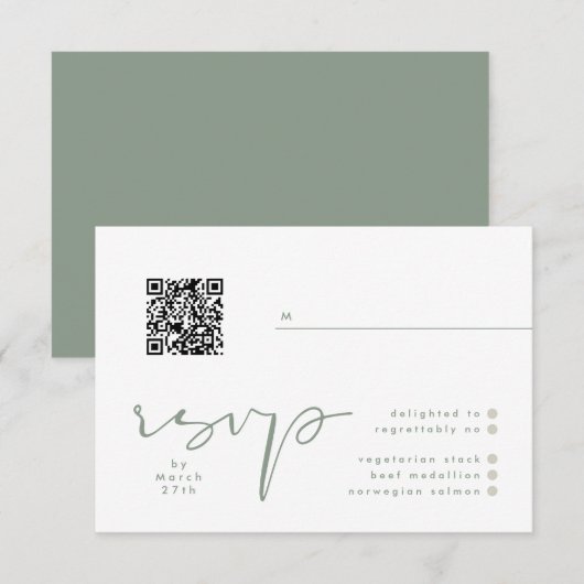 Modern Sage Green Neutral White Elegant QR Wedding RSVP Kaartje (Voorkant / Achterkant)