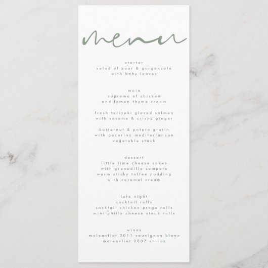 Modern Sage Green Neutral White Wedding Menu (Voorkant)