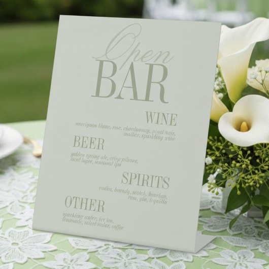 Modern Sage Green Open Bar Menu Wedding Reclamebord Met Voetstuk