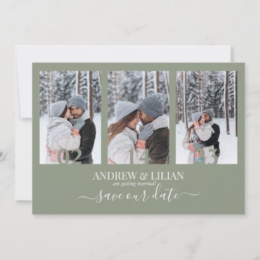 Modern Sage Green Photo Collage Monogram Weddensch Save The Date (Voorkant)