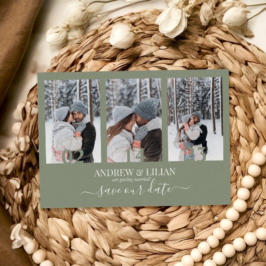 Modern Sage Green Photo Collage Monogram Weddensch Save The Date