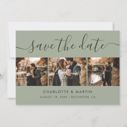 Modern Sage Green Photo Collage Save The Date (Voorkant)