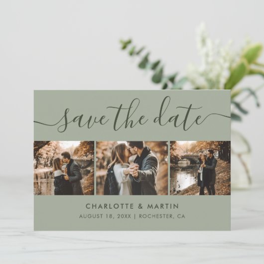 Modern Sage Green Photo Collage Save The Date (Staand voorkant)