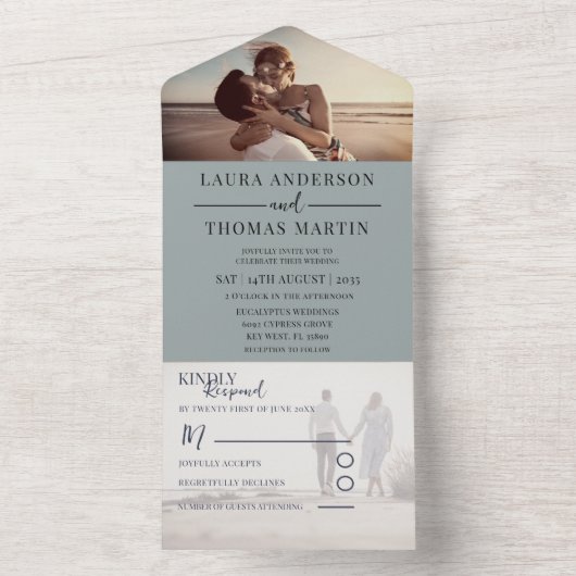 Modern Sage Green Photo Collage Wedding All In One Uitnodiging (Binnen)