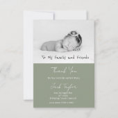 Modern Sage Green Photo Handwriting Baby Birth Bedankkaart (Voorkant)