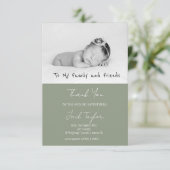 Modern Sage Green Photo Handwriting Baby Birth Bedankkaart (Staand voorkant)