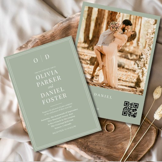 Modern Sage Green Photo QR Code Wedding Kaart