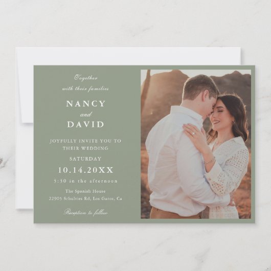 Modern Sage Green Photo Wedding Invitation Kaart (Voorkant)