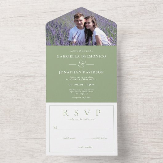 Modern Sage Green Photo Wedding RSVP All In One Uitnodiging (Binnen)
