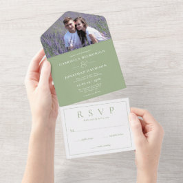 Modern Sage Green Photo Wedding RSVP All In One Uitnodiging