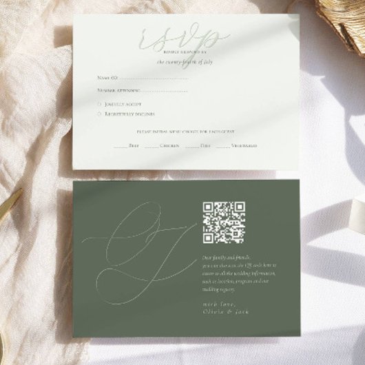 Modern Sage Green QR Code Initialen bruiloft RSVP Kaartje