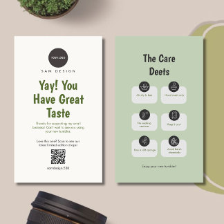 Modern Sage Green QR Code Logo Tumbler Care Card Visitekaartje