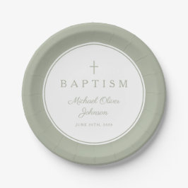 Modern Sage Green Religious Cross Baptism Papieren Bordje