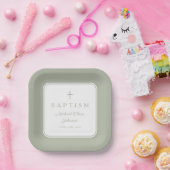 Modern Sage Green Religious Cross Boy Baptism Papieren Bordje (Feest)