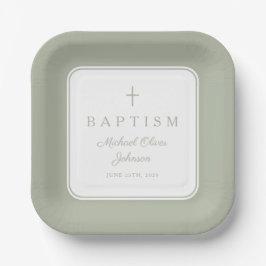 Modern Sage Green Religious Cross Boy Baptism Papieren Bordje
