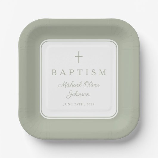 Modern Sage Green Religious Cross Boy Baptism Papieren Bordje (Voorkant)