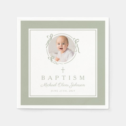 Modern Sage Green Religious Cross Boy Baptism Servet (Voorkant)
