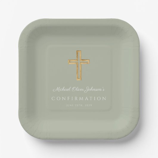 Modern Sage Green Religious Cross Boy Confirmation Papieren Bordje (Voorkant)
