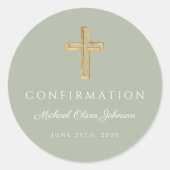 Modern Sage Green Religious Cross Boy Confirmation Ronde Sticker (Voorkant)