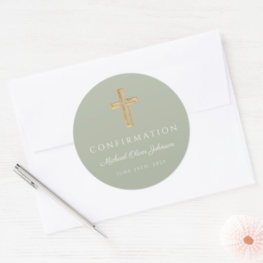 Modern Sage Green Religious Cross Boy Confirmation Ronde Sticker (Envelop)