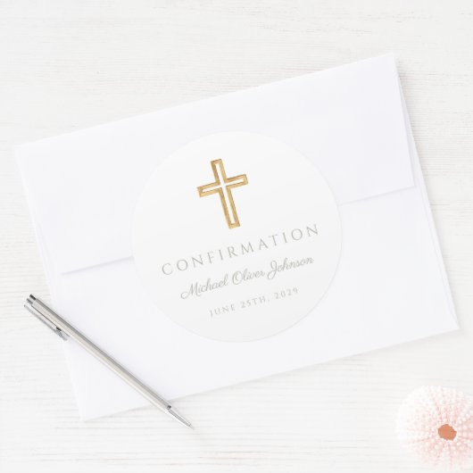 Modern Sage Green Religious Cross Boy Confirmation Ronde Sticker (Envelop)